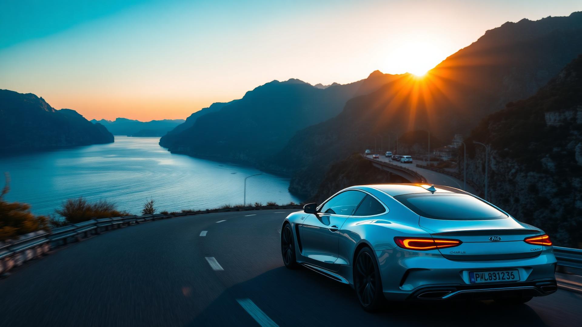 Premium car on a Montenegro coastal road at golden hour